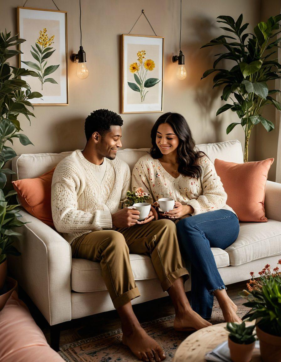 A serene and intimate scene showcasing a couple sharing a tender moment in a cozy living space, surrounded by warm lighting, plush cushions, and soft textiles. Elements of nature, such as potted plants and gentle floral accents, enhance the nurturing atmosphere. Include symbols of affection like intertwined hands or a shared cup of tea, evoking a sense of closeness and comfort. The color palette should be soft and inviting, with warm tones and subtle textures. super-realistic. vibrant colors. cozy ambiance.