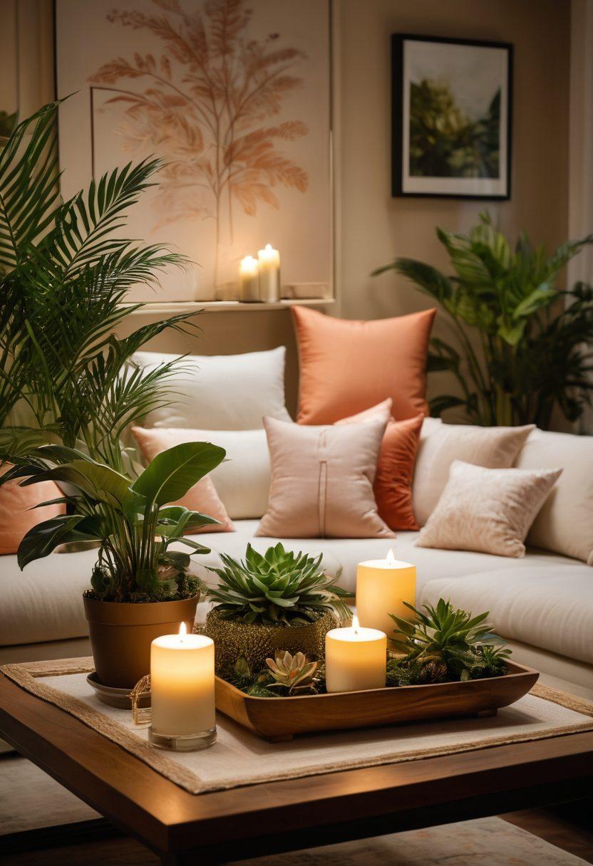 A cozy, stylish couples' sanctuary featuring a beautifully decorated living room with plush cushions, soft lighting, and romantic decor elements. Include a chic dining area with elegantly set tableware, and hints of greenery from indoor plants to evoke a sense of tranquility. Capture a modern yet sensual atmosphere, perfect for intimate moments. super-realistic. warm colors. soft focus.